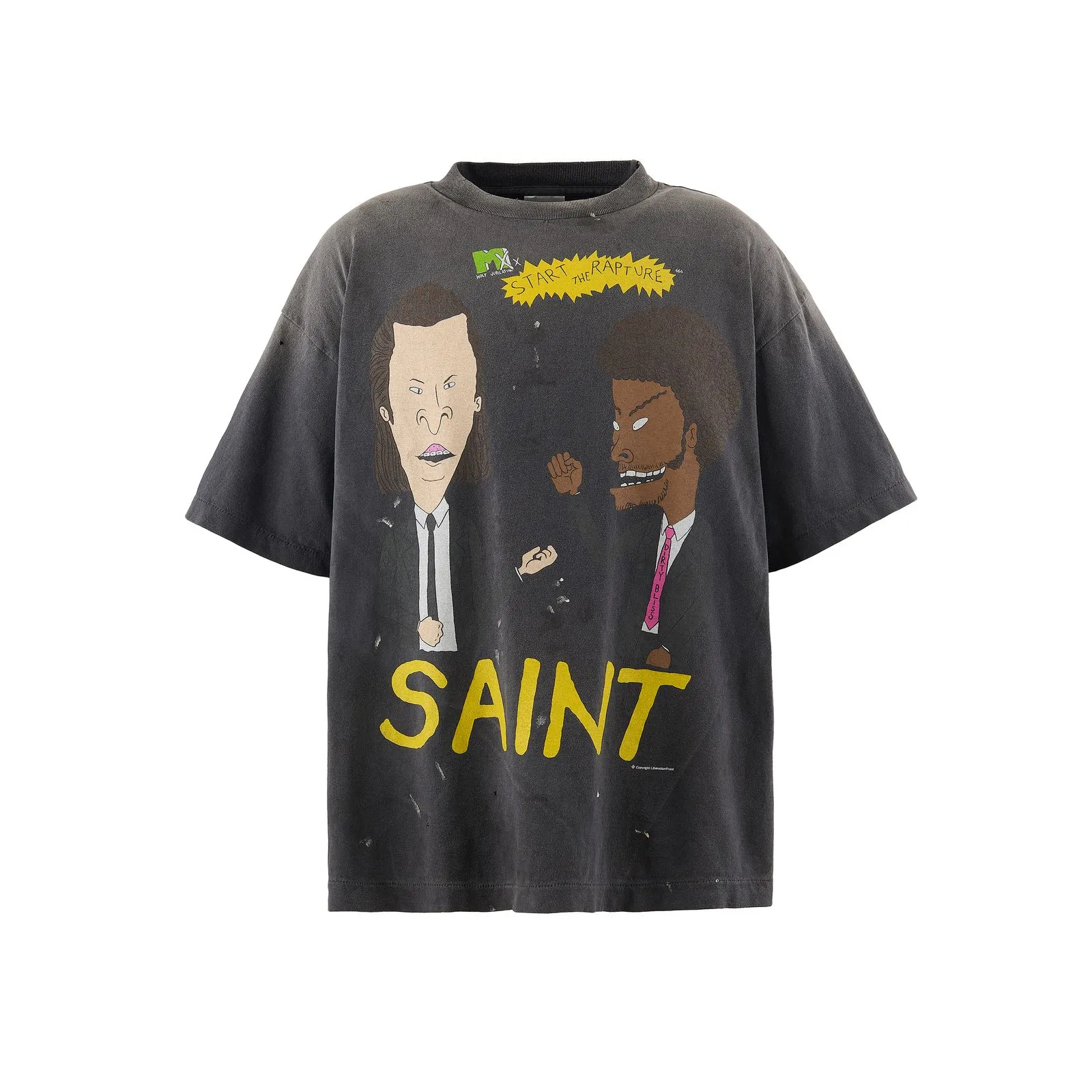 SAINT Mxxxxxx RAPTURE SS TEE/BLK Beavis and Butt-Head anime character TEE. Washed black S-XL. The print is from the characters of the American classic animation "Beavis and Butt-Head". It also pays tribute to the two classic killer characters in "Pulp Fiction". It is very witty and humorous. The whole garment is washed again.